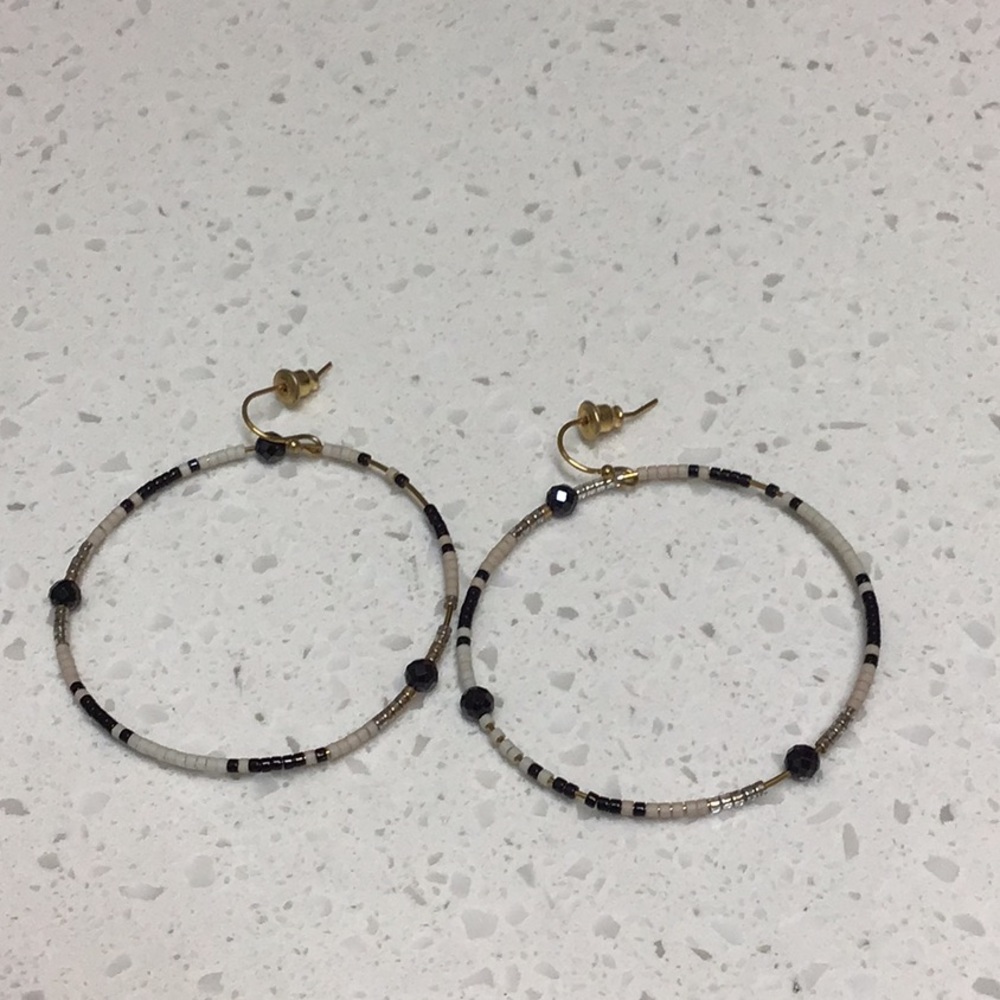 Black , White and Gold Beaded Hoops
